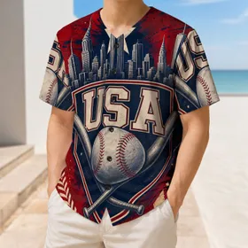 USA Baseball Crest And NYC Skyline Patriotic Fourth Of July Sports Fans And Men Baseball Jersey