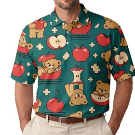 Teddy Bears And Red Apples Retro Kawaii Fun Casual Weekend Beach Party Wear For Men Men's Polo Shirt