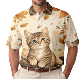 Blue Eyed Tabby Kitten Autumn Leaves Tree Trunk Cozy Fall Weekend Wear for Cat Lovers Men's Polo Shirt