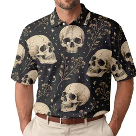Vintage Skull And Wildflower Gothic Everyday Casual Wear For Alternative Style Fans Men's Polo Shirt