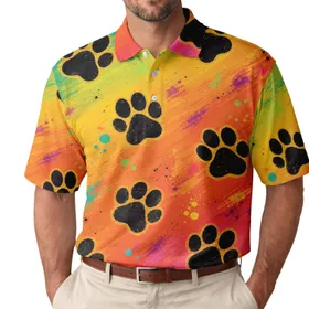 Black Paw Marks On Rainbow Sunset For Colorful Casual Outfits And Pet Lovers Everyday Men's Polo Shirt