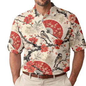 Asian Plum Blossom Songbird Fans For Spring Garden Events And Elegant Everyday Wear Men's Polo Shirt
