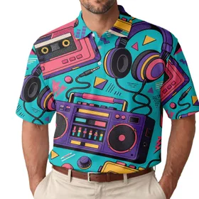 Retro Cassette Boombox Speaker Collage For '80s Music Festival Outfit Enthusiasts Men's Polo Shirt