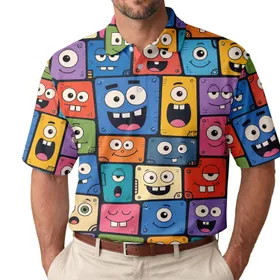 Colorful Quirky Monster Face Mosaic for Festivals, Streetwear, and Creative Casual Looks Men's Polo Shirt
