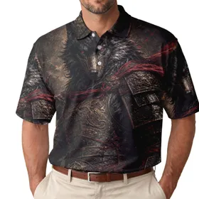 Black Wolf Warrior Armor Red Cloak For Dark Fantasy Festivals And Cosplay Enthusiasts Men's Polo Shirt