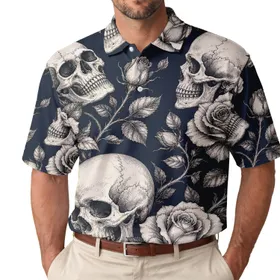 Ivory Skull And Rose Tattoo Flash For Dark Romantic Dates And Alternative Street Style Men's Polo Shirt