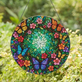 Butterfly Floral Stained Glass Wreath For Garden Home Decor And Mother’s Day Gifts Stained Glass Suncatcher