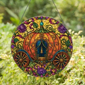 Stained Glass Pumpkin Carriage Window Decor For Autumn Home And Fairy Tale Lovers Stained Glass Suncatcher