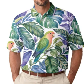 Tropical Lovebirds With Watercolor Jungle Leaves For Vacation Resort Travel Wear Men Men's Polo Shirt