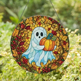 Ghost Holding Pumpkin Stained Glass Autumn Halloween Decor For Cozy Seasonal Homes Stained Glass Suncatcher