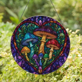 Tiffany Style Stained Glass Heart Mushroom Decor for Boho Cottage Valentine Gifts Stained Glass Suncatcher