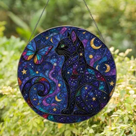 Galaxy Black Cat And Butterfly Stained Glass Decor For Celestial Home Gift Giving Stained Glass Suncatcher