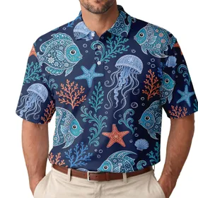 Navy Ocean Life With Tropical Fish Starfish And Jellyfish For Resort Vacation Style Men's Polo Shirt