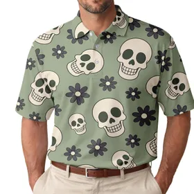 Retro Skull And Daisy Motifs For Beach Days, Vacations, And Casual Gothic Style Wear Men's Polo Shirt
