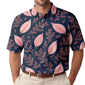 Pink Botanical Leaves And Coral Twig Motifs For Resort Travel And Casual Weekends Men's Polo Shirt