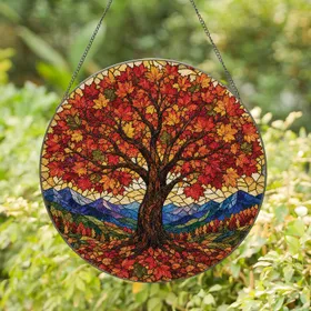 Autumn Tree Mountain Stained Glass Window Decor for Thanksgiving and Housewarming Stained Glass Suncatcher