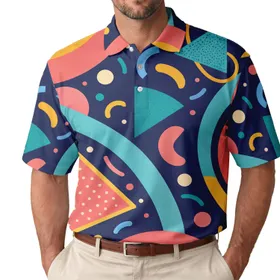 Retro Memphis Geometric Shapes For Beach Vacations, Parties, And Casual Weekend Wear Men's Polo Shirt