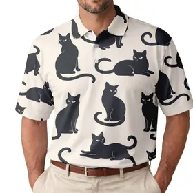 Black Cat Silhouettes on Ivory for Modern Casual Wear and Everyday Feline Style Lovers Men's Polo Shirt