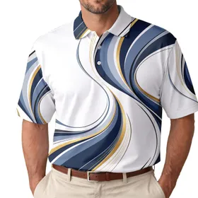 Blue Gold Abstract Wave Swirl for Golf Office Casual Summer Wear for Active Modern Men Men's Polo Shirt