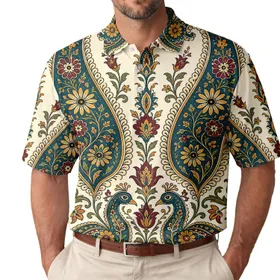 Teal Paisley Floral Ornamental Motifs For Vintage Boho Casual Everyday Summer Wear Men Men's Polo Shirt
