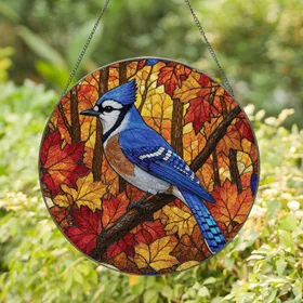 Blue Jay Stained Glass Autumn Woodland Window Decor For Bird Lovers And Nature Fans Stained Glass Suncatcher
