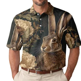 Wild Brown Hare With Peony Botanicals For Autumn Outdoor Nature Lovers And Garden Walks Men's Polo Shirt
