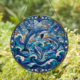 Leaping Dolphins Ocean Stained Glass Decor For Coastal Home And Beach House Lovers Stained Glass Suncatcher
