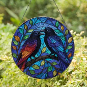 Two Crows Stained Glass Window Decor for Gothic Home and Nature Lovers Stained Glass Suncatcher