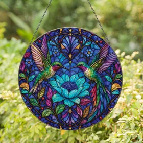 Stained Glass Hummingbirds With Blue Flower For Garden Window Decor And Bird Lovers Stained Glass Suncatcher