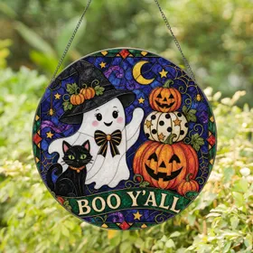 Halloween Ghost Witch Hat Pumpkins Black Cat Decor For Fun Fall Home Party Displays Stained Glass Suncatcher
