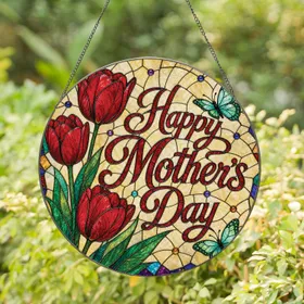 Stained Glass Tulips With Butterflies Mother's Day Window Decor for Mom's Garden Home Stained Glass Suncatcher