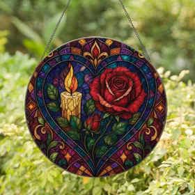 Red Rose Heart Stained Glass Candle Decor for Romantic Homes and Wedding Anniversary Gifts Stained Glass Suncatcher