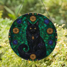 Mystical Black Cat Stained Glass Web Decor for Gothic Halloween Home Accents and Gifts Stained Glass Suncatcher