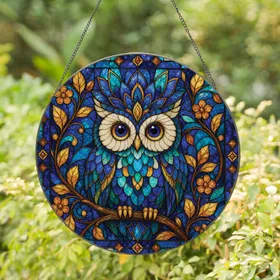 Colorful Blue Owl Stained Glass Window Decor for Cozy Home and Garden Gift Giving Stained Glass Suncatcher