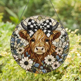 Highland Cow With Buffalo Check Bow For Rustic Farmhouse Kitchen Decor And Cow Lovers Stained Glass Suncatcher