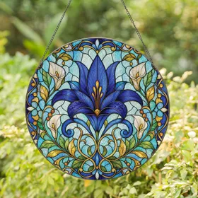 Royal Blue Lily Stained Glass Window Decor For Elegant Botanical Home Gift Giving Stained Glass Suncatcher