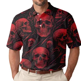 Crimson Gothic Skull Lattice For Halloween Concert Nights And Alternative Style Men's Polo Shirt