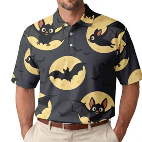 Halloween Bats And Yellow Moons For Spooky Parties And Fall Nighttime Outfit Lovers Men's Polo Shirt