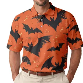 Black Bats On Burnt Pumpkin Orange Halloween Night For Spooky Parties And Costume Fans Men's Polo Shirt