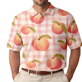 Watercolor Peach Gingham Picnic Motif For Summer Vacation, Resort, And Weekend Wear Men's Polo Shirt