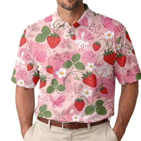 Pink Strawberry Floral Butterflies For Summer Beach Trips, Dates And Vacation Gifts Men's Polo Shirt