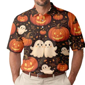 Cute Pumpkin And Ghost Halloween Night Party Outfit For Autumn Lovers Men's Polo Shirt