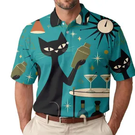 Black Cat Cocktail Lounge Atomic Mid Century Retro Party Gift For Stylish Cat Lovers Men's Polo Shirt