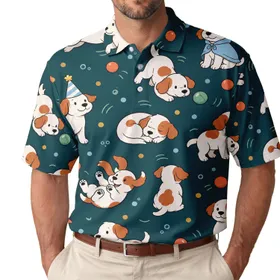 Playful Floppy Eared Puppies With Balls For Everyday Dog Lovers' Weekend Outfits Men's Polo Shirt