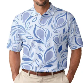 Blue Botanical Leaf And Raindrop Motif For Breezy Everyday Resort Style Men's Polo Shirt