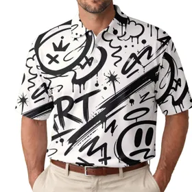Black Graffiti Linework For Urban Streetwear, Festival Outfits And Casual Day Wear Men's Polo Shirt