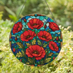 Red Poppy Stained Glass Garden Window Decor For Housewarming Gifts And Nature Lovers Stained Glass Suncatcher
