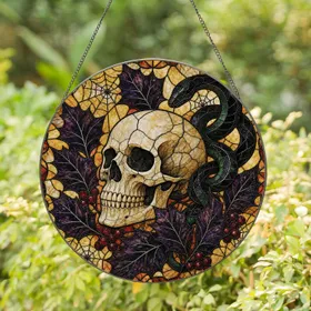 Gothic Skull And Serpent Halloween Window Hanging Accent For Dark Witchy Home Lovers Stained Glass Suncatcher