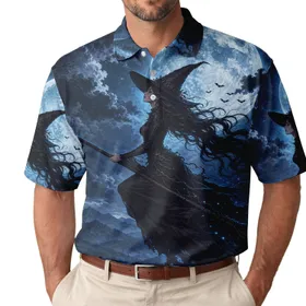 Moonlit Flying Witch Over Blue Moon Gothic Style For Halloween Parties And Night Dates Men's Polo Shirt