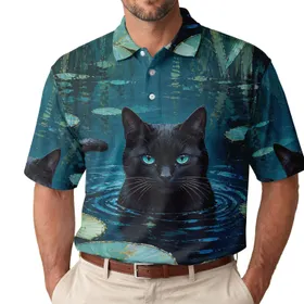 Black Cat In Water Lily Pond Scene For Moonlit Garden Evenings And Cat Lovers Alike Men's Polo Shirt